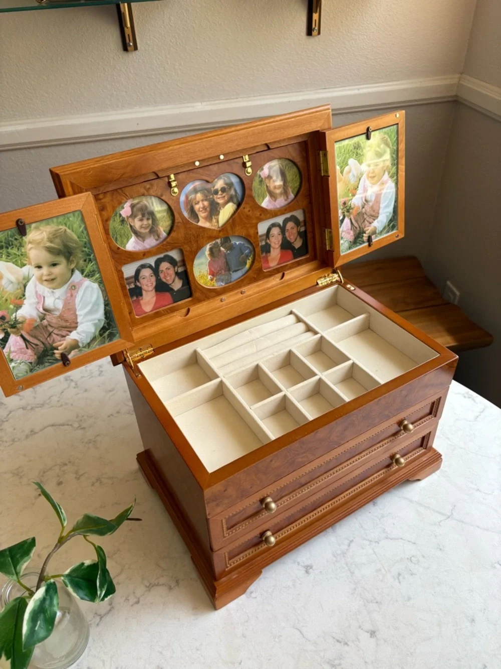 Vintage Wood Jewelry Box with Two Drawers - Brown